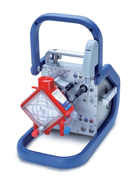 CARDIOHELP Device — front view with touchscreen, single-knob control and integrated sensor ports